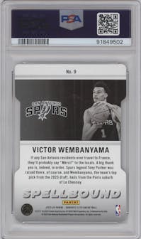 Victor Wembanyama from the 2023-24 Panini Donruss Elite set featuring a Die-Cut Orange parallel graded by PSA and given an overall grade of 10.