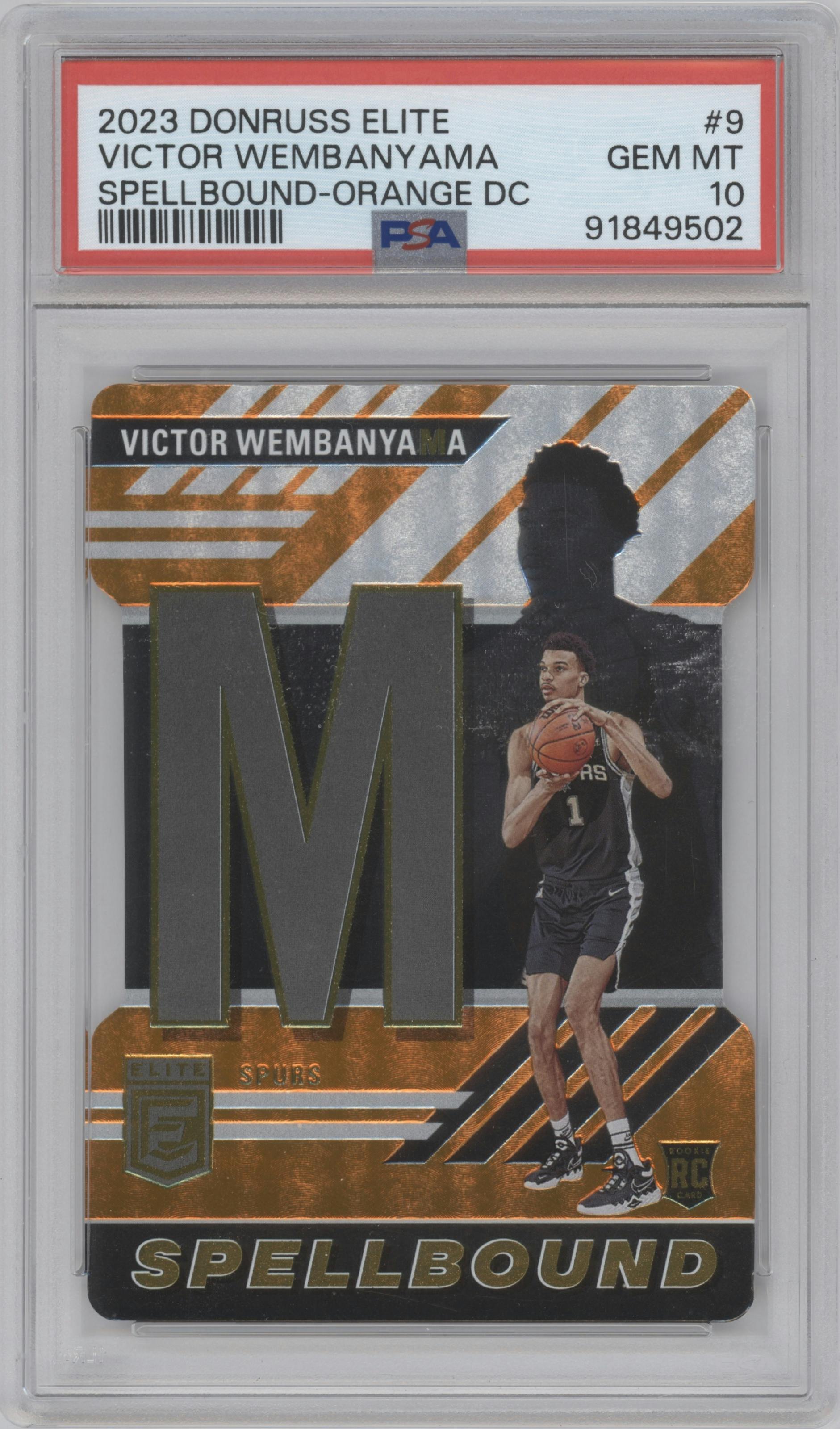 Victor Wembanyama from the 2023-24 Panini Donruss Elite set featuring a Die-Cut Orange parallel graded by PSA and given an overall grade of 10.
