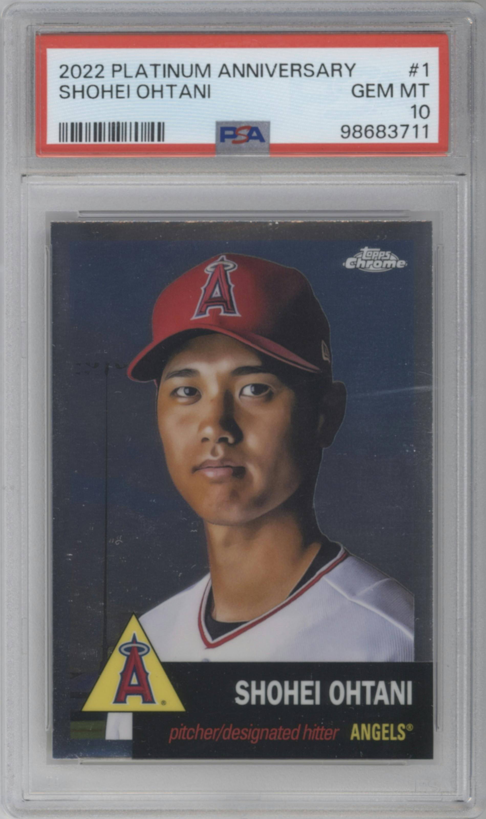 Shohei Ohtani from the 2022 Topps Chrome Platinum Anniversary set graded by PSA and given an overall grade of 10.