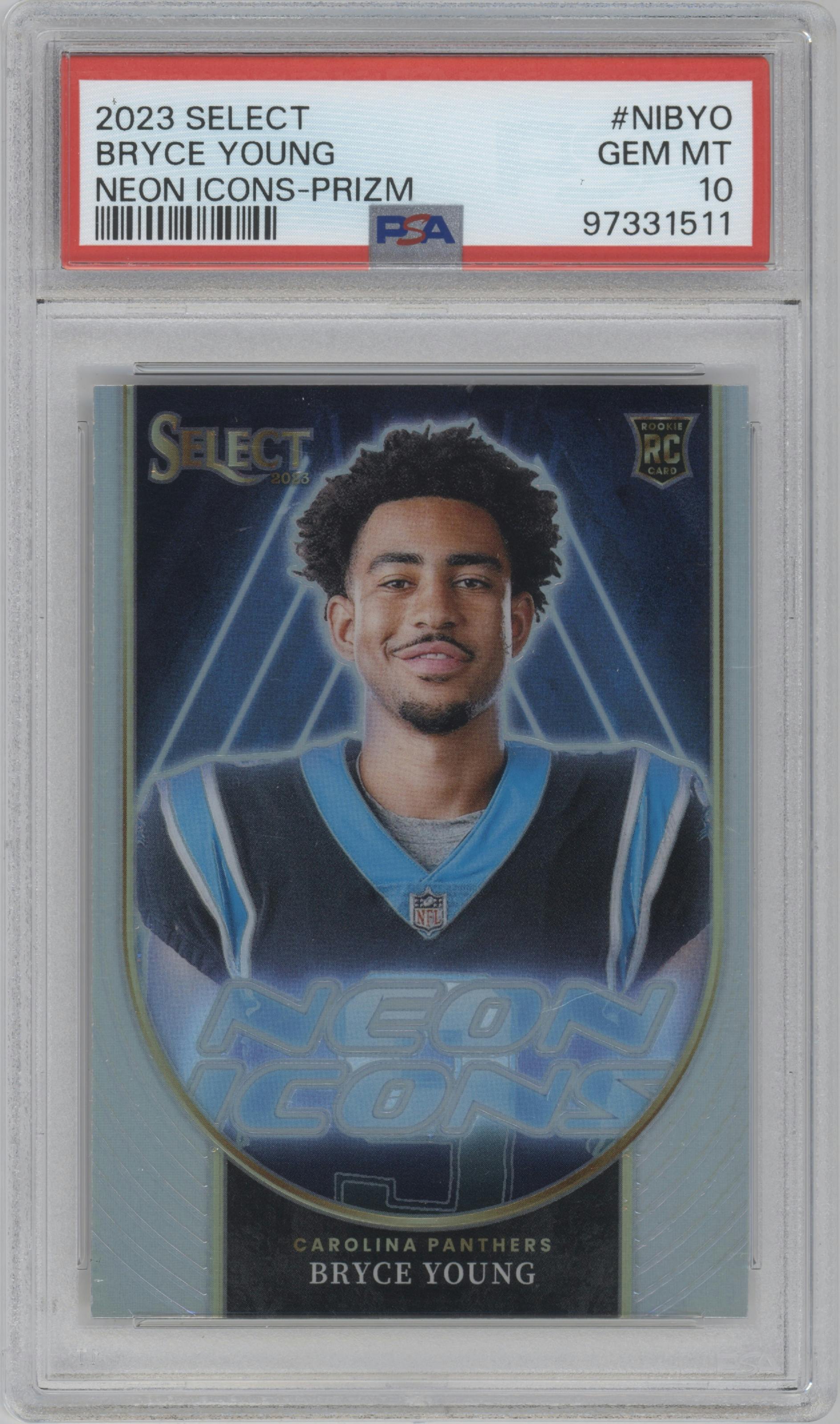Bryce Young from the 2023 Panini Select set featuring a Prizm parallel graded by PSA and given an overall grade of 10.