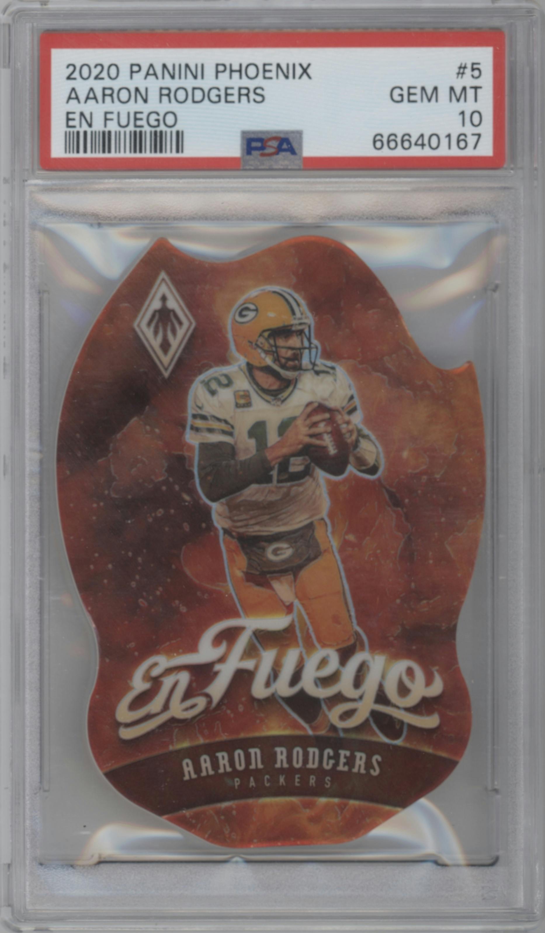 Aaron Rodgers from the 2020 Panini Phoenix set graded by PSA and given an overall grade of 10.