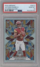 Jayden Daniels from the 2024 Panini Mosaic set graded by PSA and given an overall grade of 10.