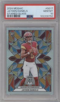 Jayden Daniels from the 2024 Panini Mosaic set graded by PSA and given an overall grade of 10.