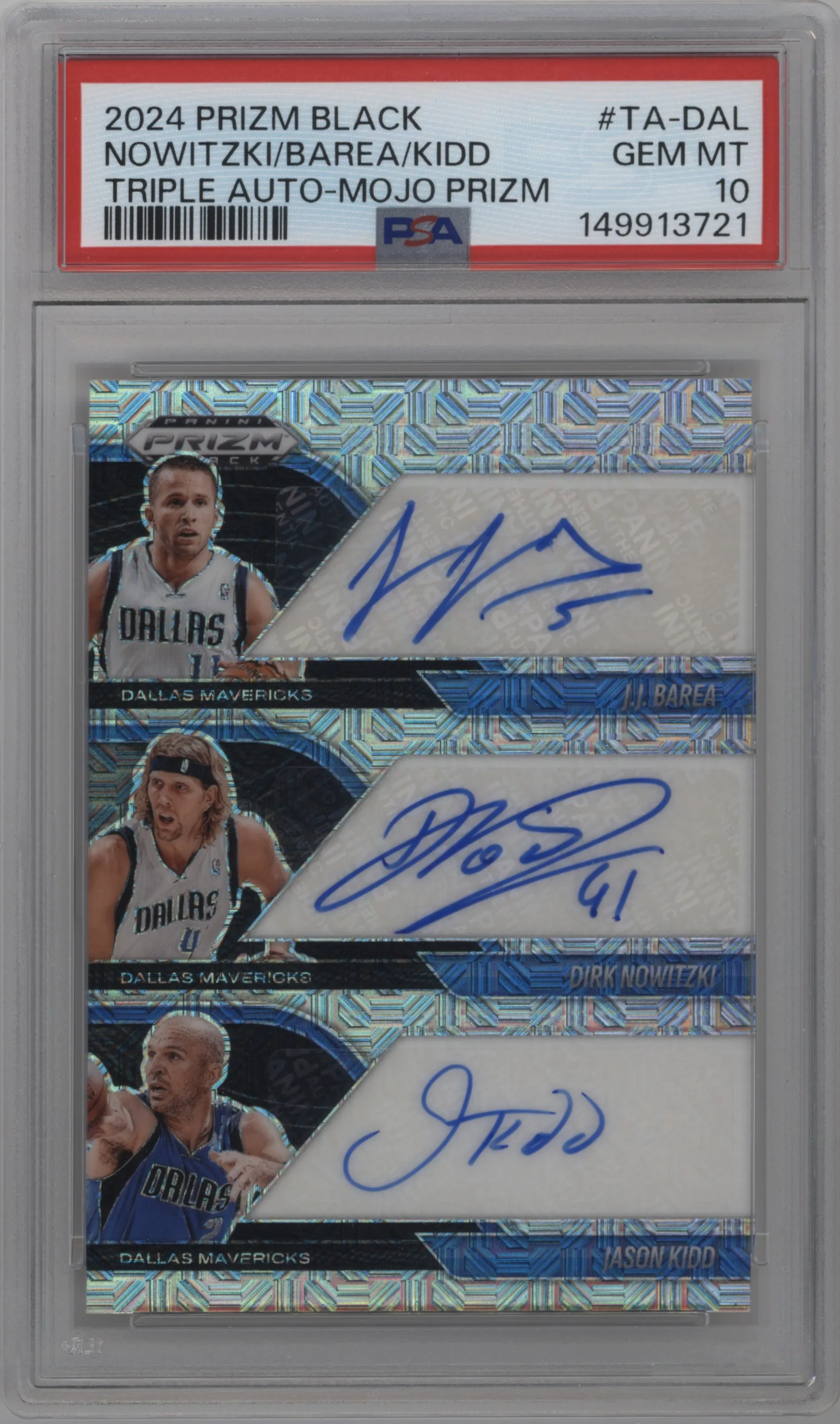 2024 Panini Prizm Black Triple Auto Dirk Nowitzki/J.J. Barea/Jason Kidd Mojo #TA-DAL PSA 10