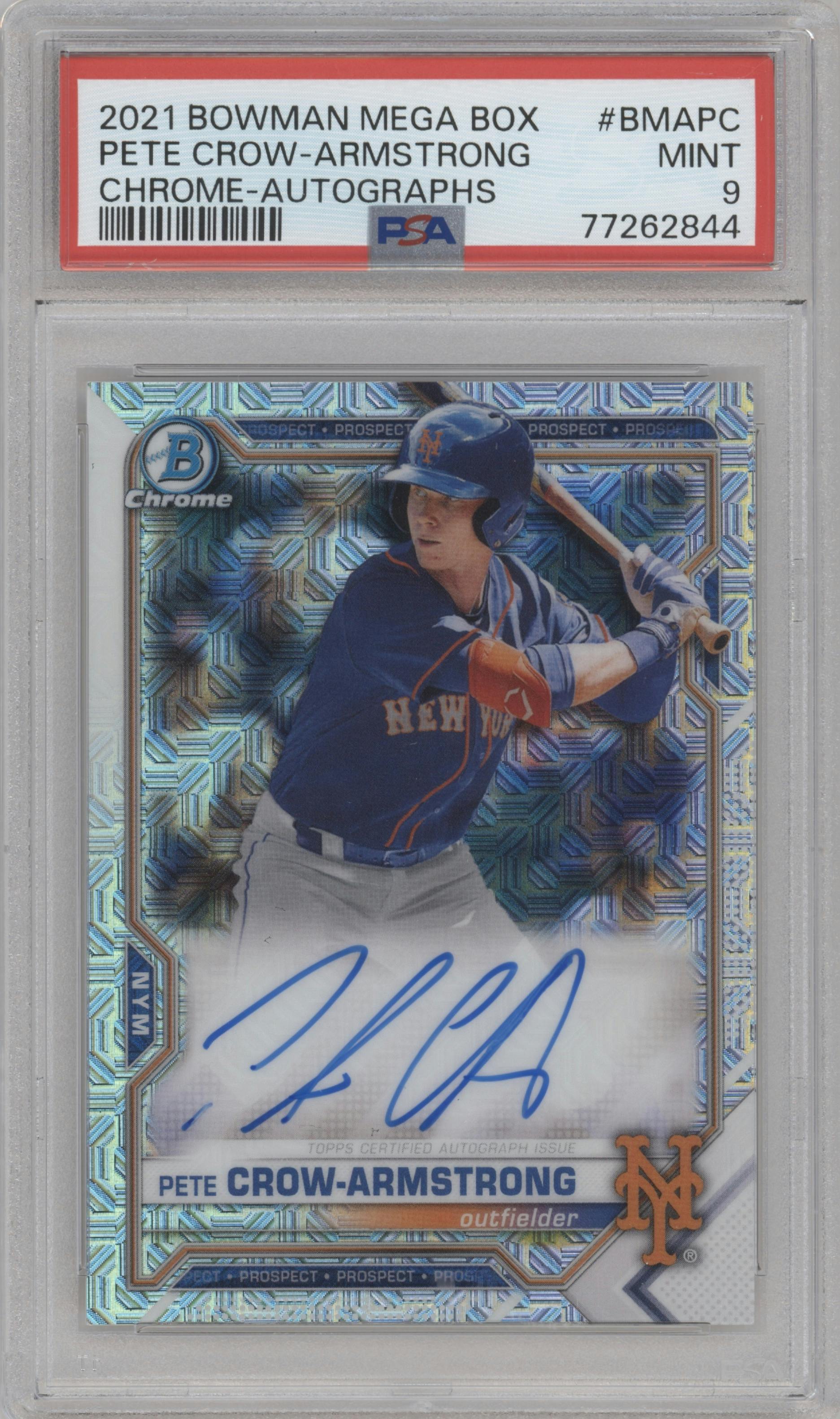 Pete Crow-Armstrong from the 2021 Bowman Mega Box set graded by PSA and given an overall grade of 9.
