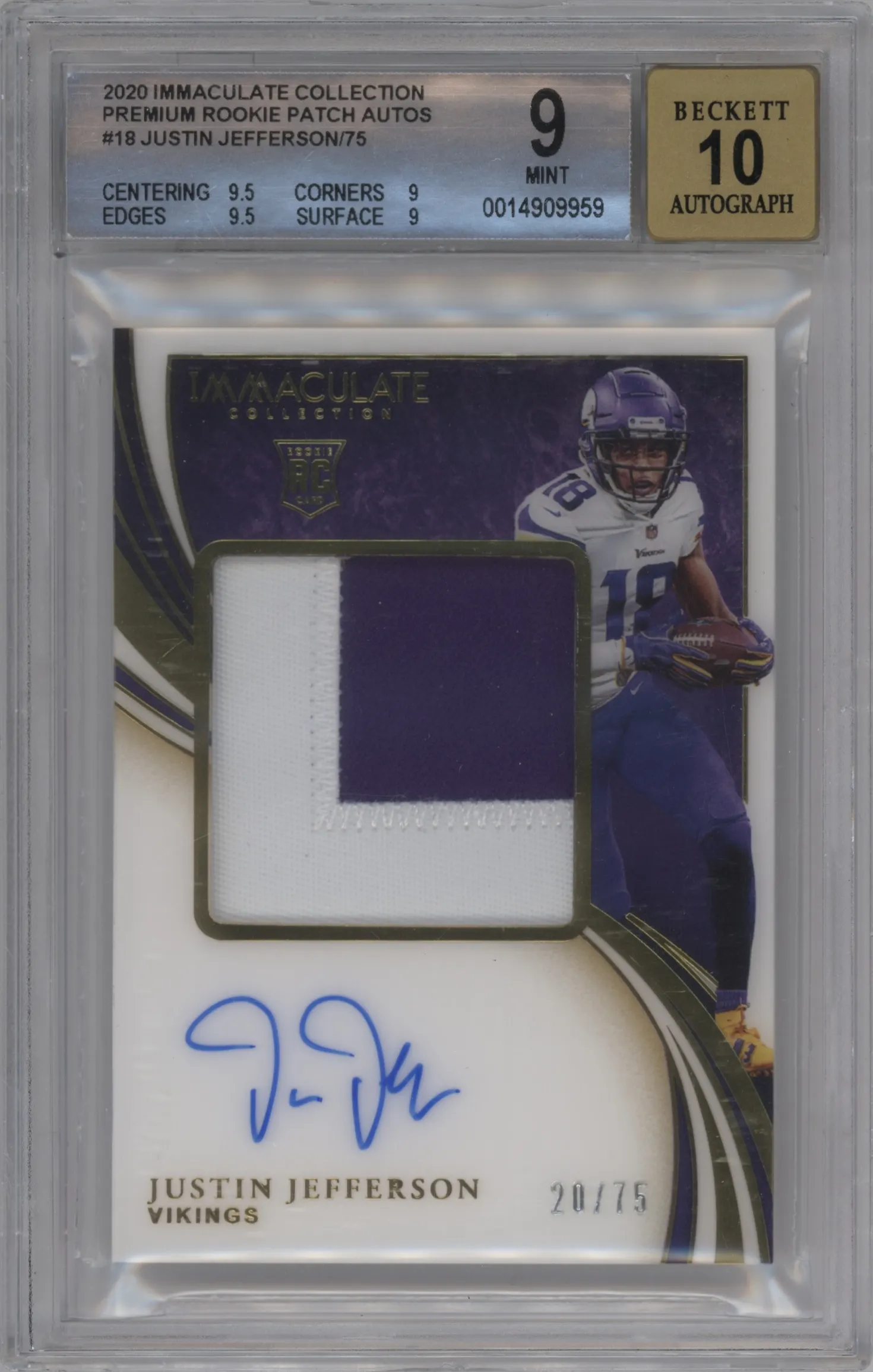 2020 Panini Immaculate Collection Prem.Ptch.Rke.Auto Justin Jefferson #PPR-JJE BGS 9