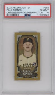 Paul Skenes from the 2024 Topps Allen & Ginter set featuring a Gold Refractor parallel graded by PSA and given an overall grade of 10.