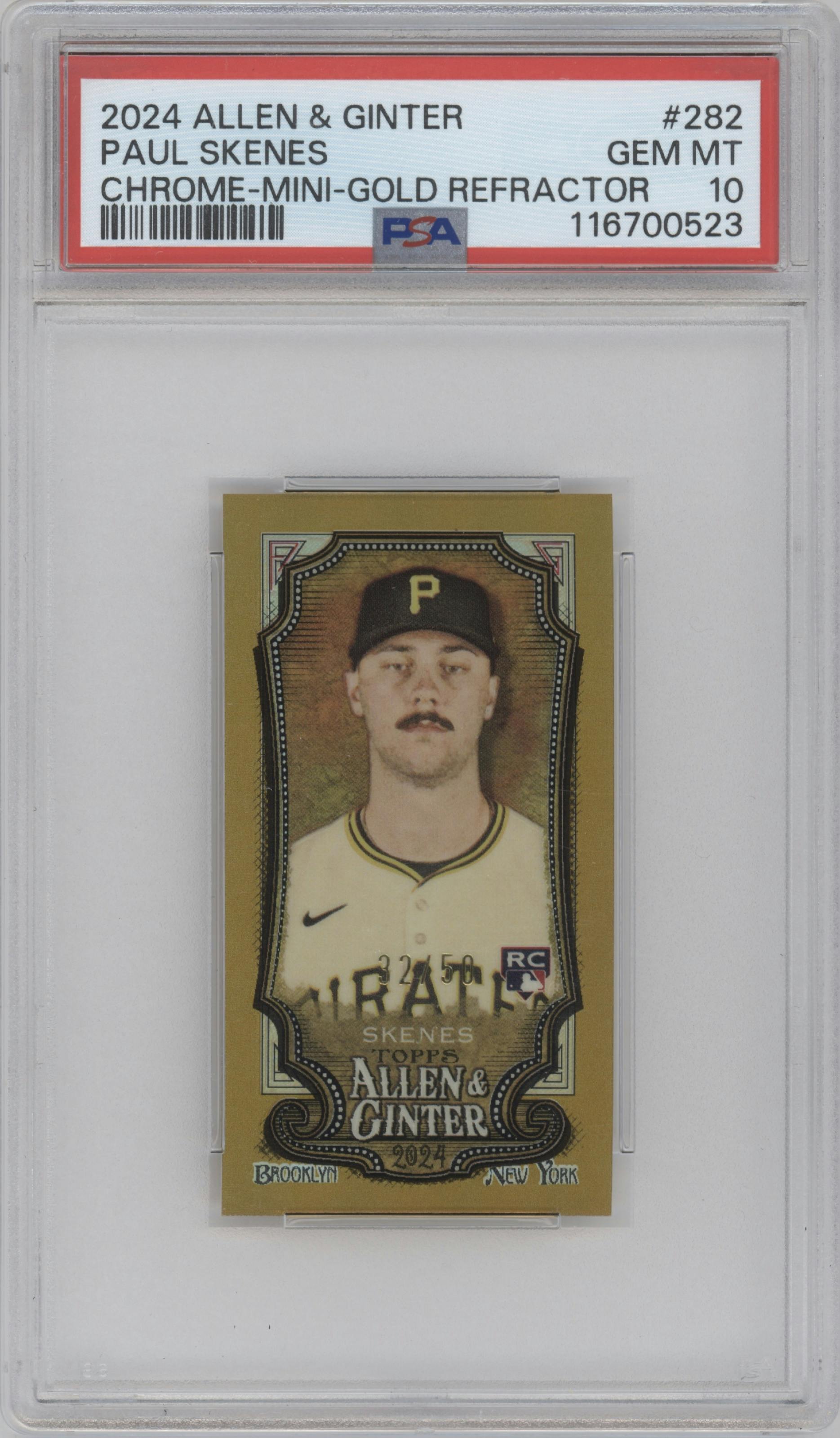 Paul Skenes from the 2024 Topps Allen & Ginter set featuring a Gold Refractor parallel graded by PSA and given an overall grade of 10.