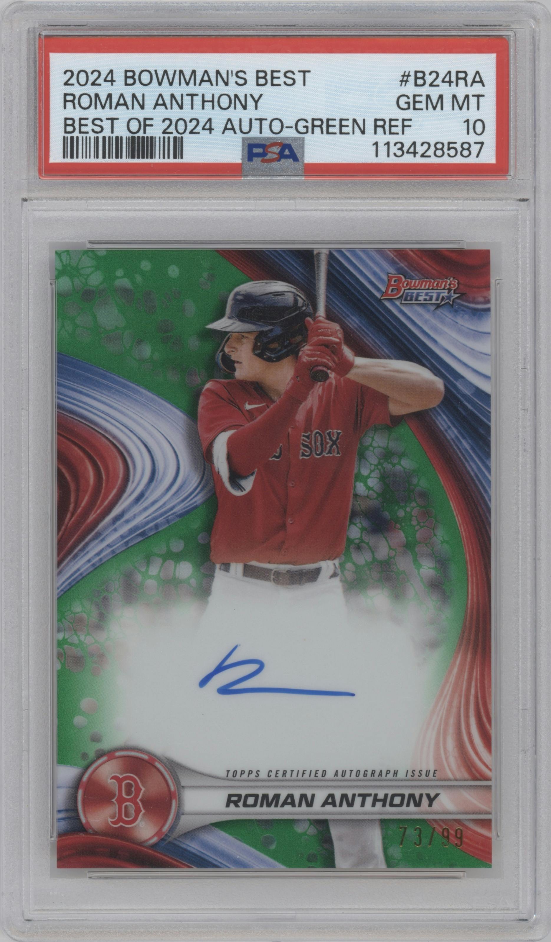 Roman Anthony from the 2024 Bowman's Best set featuring a Green Refractors parallel graded by PSA and given an overall grade of 10.