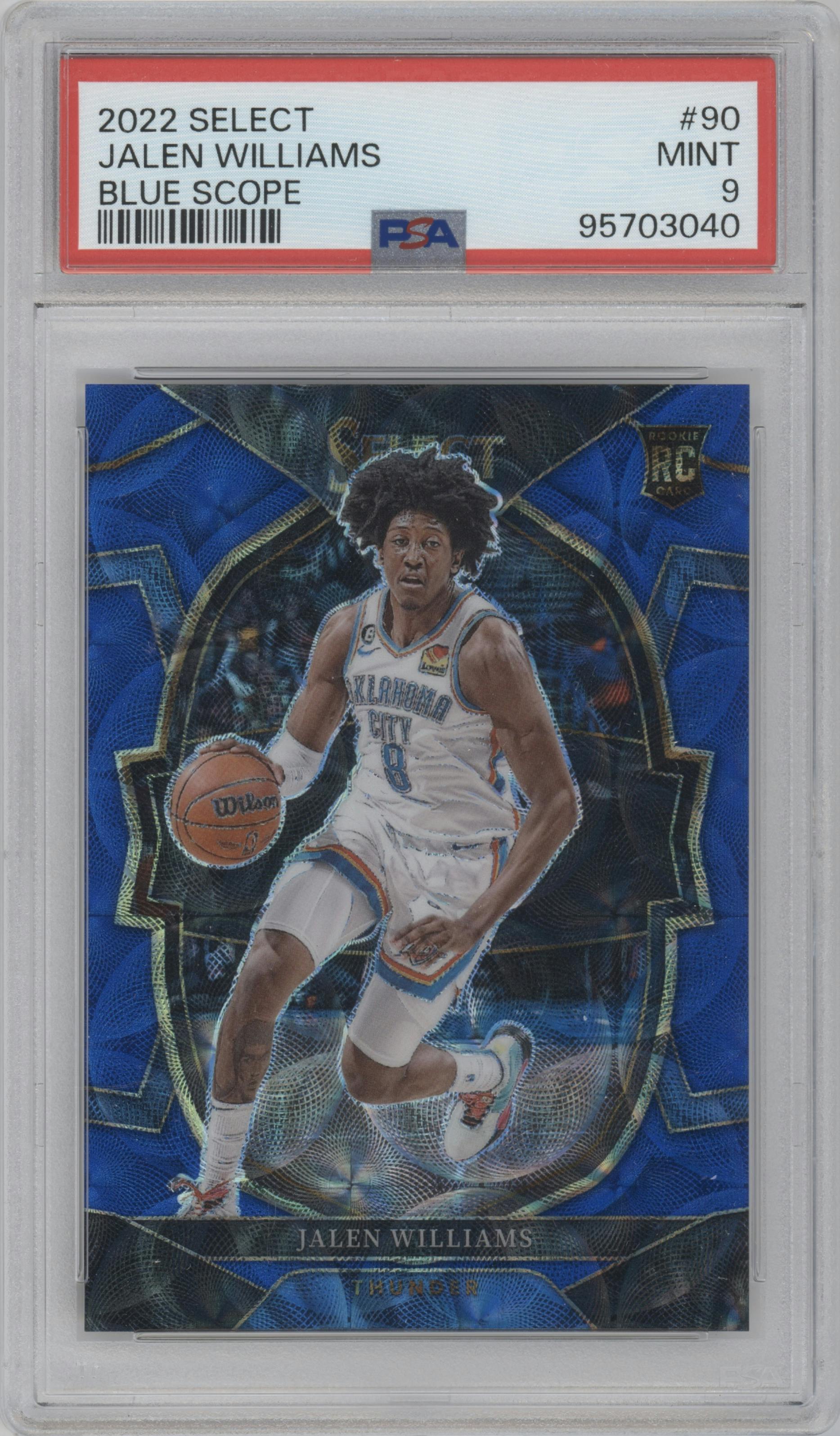 Jalen Williams from the 2022-23 Panini Select set featuring a Blue Scope parallel graded by PSA and given an overall grade of 9.