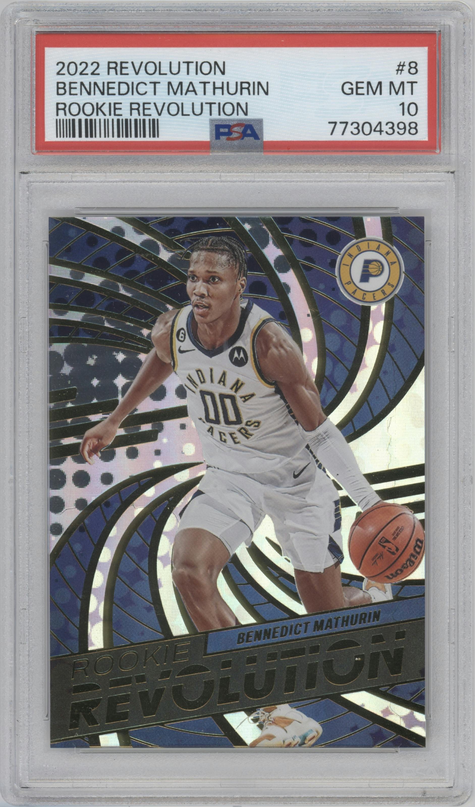Bennedict Mathurin from the 2022-23 Panini Revolution  set graded by PSA and given an overall grade of 10.