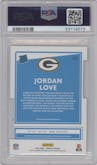 Jordan Love from the 2020 Panini Donruss set featuring a Press Proof Silver Die-Cut parallel graded by PSA and given an overall grade of 10.