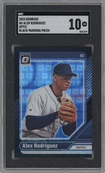 Alex Rodriguez from the 2024 Donruss Optic set featuring a Black Pandora parallel graded by SGC and given an overall grade of 10.