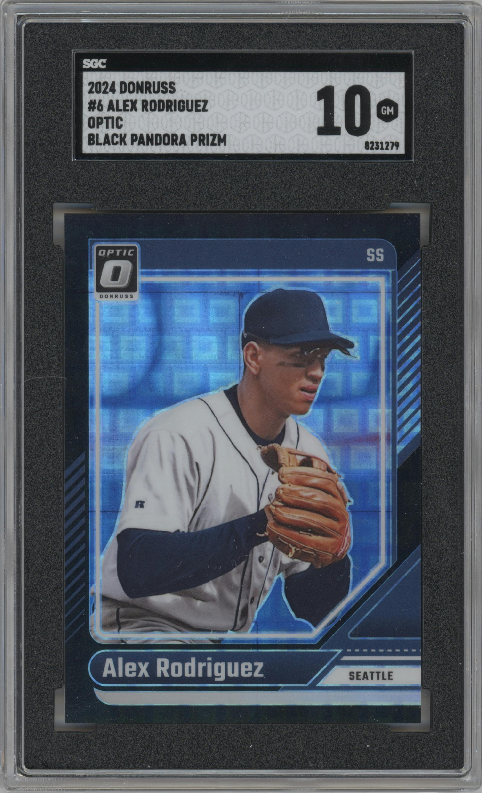 Alex Rodriguez from the 2024 Donruss Optic set featuring a Black Pandora parallel graded by SGC and given an overall grade of 10.