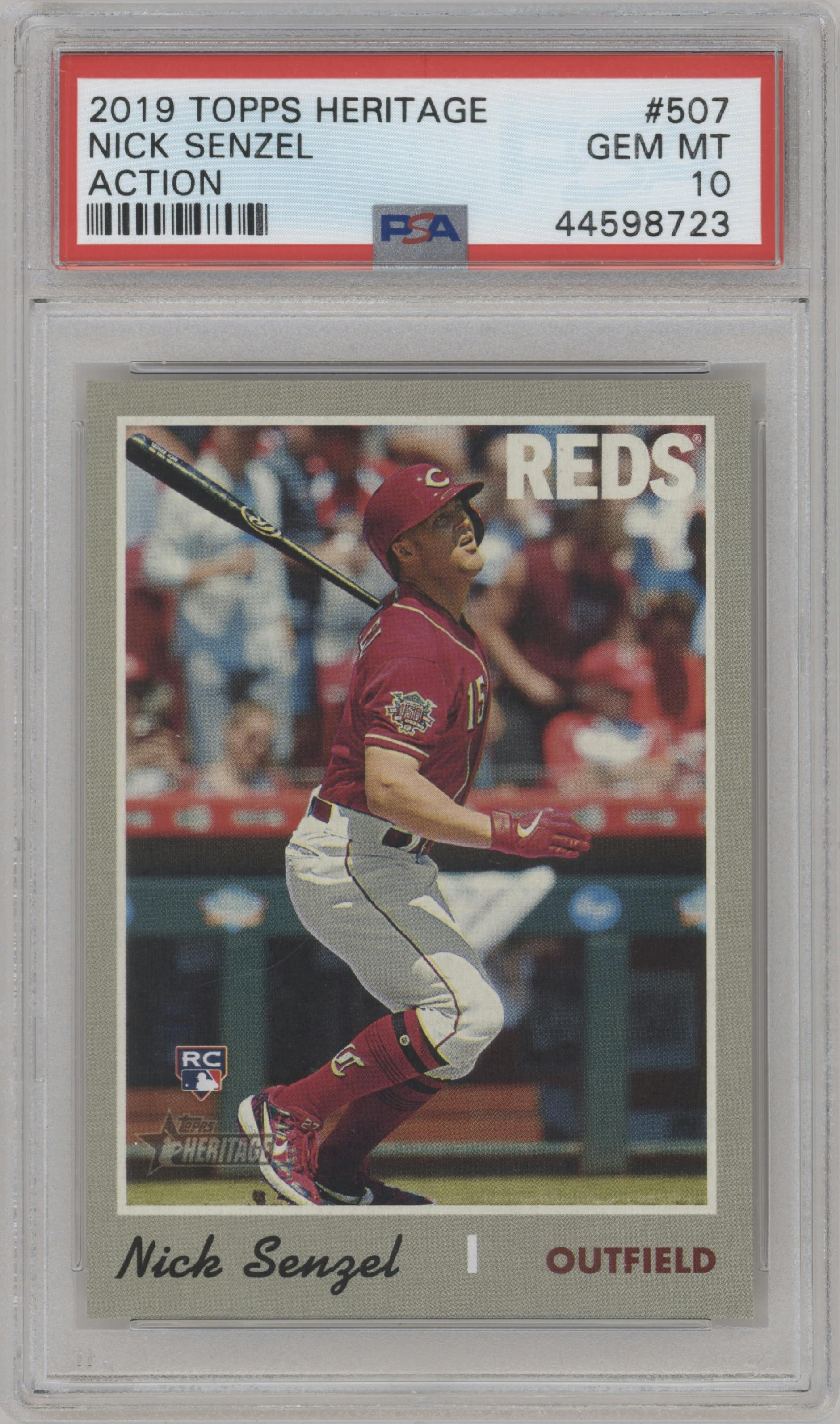 Nick Senzel from the 2019 Topps Heritage HN set graded by PSA and given an overall grade of 10.