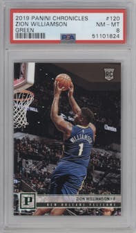 Zion Williamson from the 2019-20 Panini Chronicles  set featuring a Green parallel graded by PSA and given an overall grade of 8.