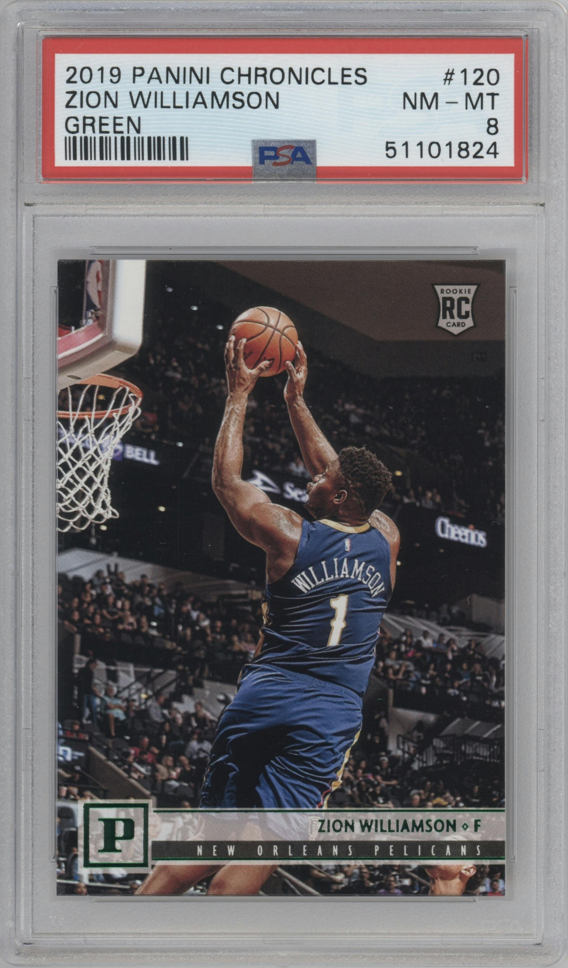Zion Williamson from the 2019-20 Panini Chronicles  set featuring a Green parallel graded by PSA and given an overall grade of 8.