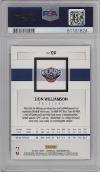Zion Williamson from the 2019-20 Panini Chronicles  set featuring a Green parallel graded by PSA and given an overall grade of 8.