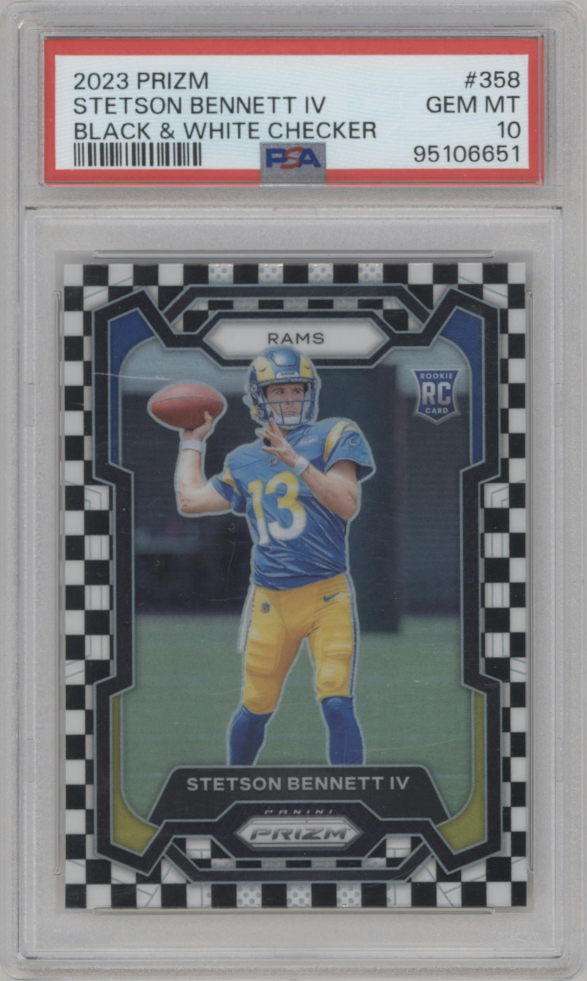 Stetson Bennett IV from the 2023 Panini Prizm set featuring a Black/White Checker parallel graded by PSA and given an overall grade of 10.