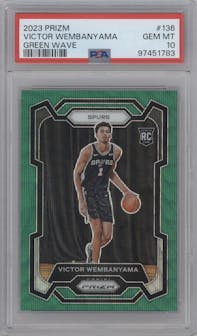 Victor Wembanyama from the 2023-24 Panini Prizm set featuring a Green Wave parallel graded by PSA and given an overall grade of 10.