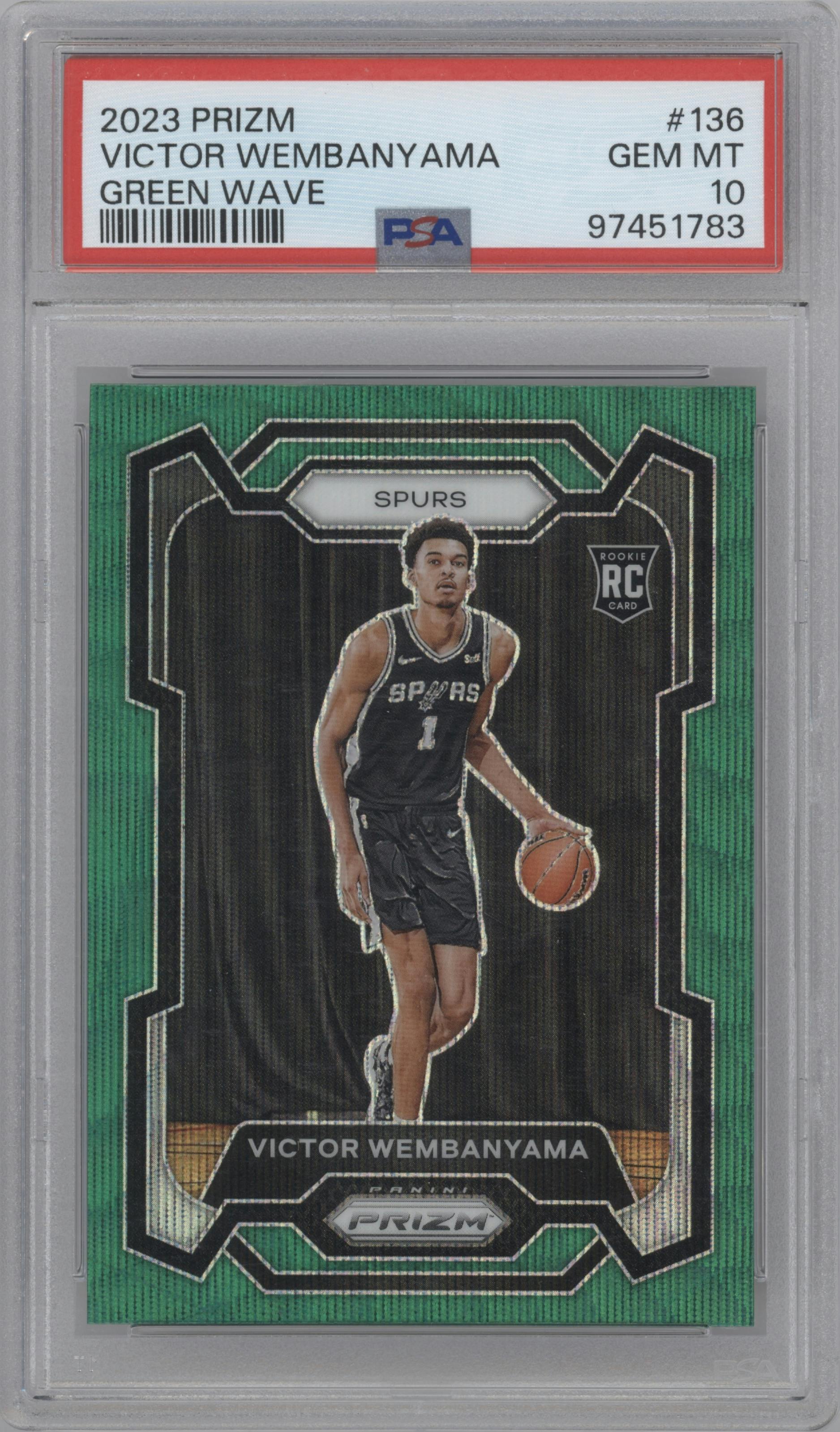 Victor Wembanyama from the 2023-24 Panini Prizm set featuring a Green Wave parallel graded by PSA and given an overall grade of 10.