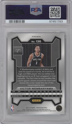 Victor Wembanyama from the 2023-24 Panini Prizm set featuring a Green Wave parallel graded by PSA and given an overall grade of 10.