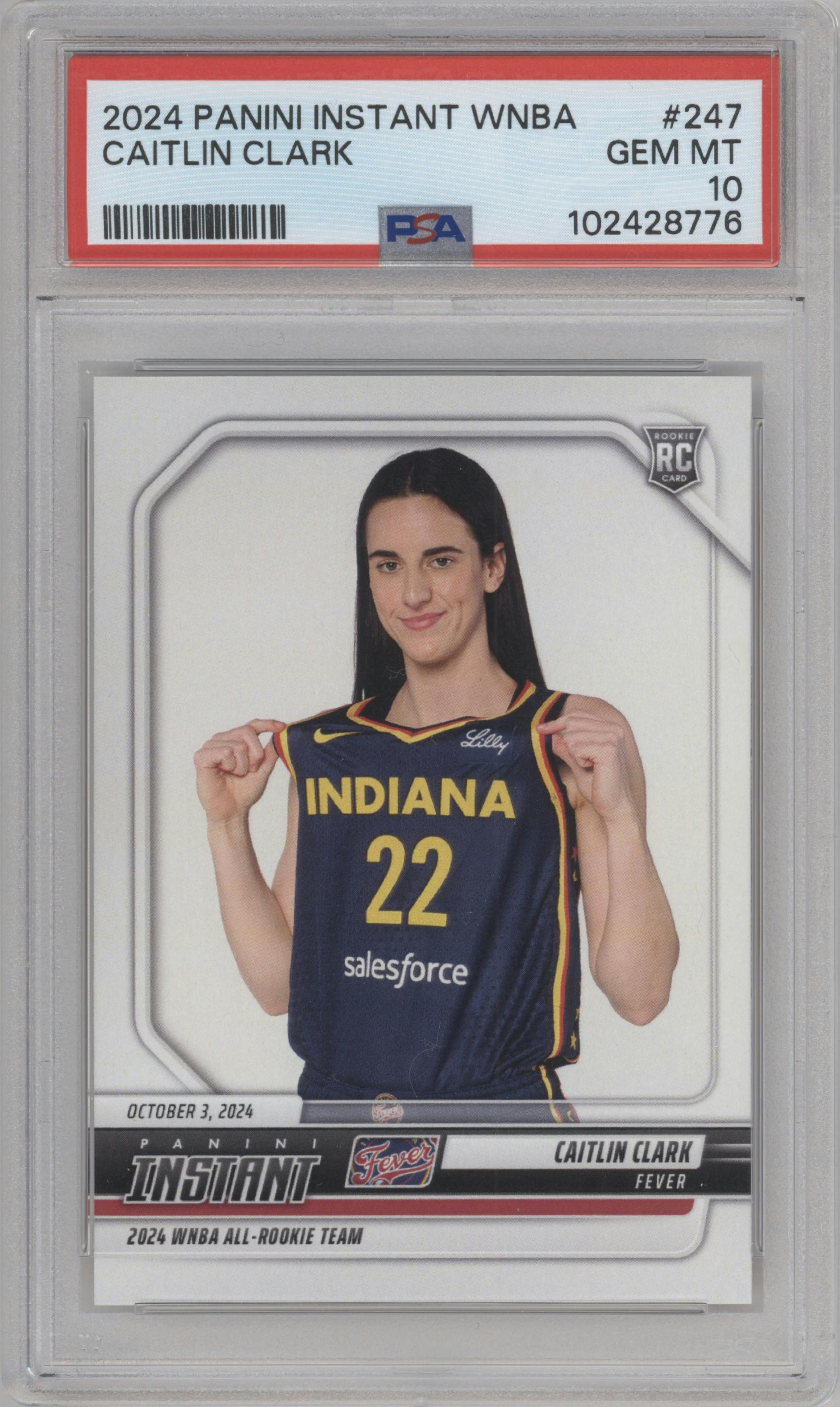 Caitlin Clark from the 2024-25 Panini Instant WNBA set graded by PSA and given an overall grade of 10.