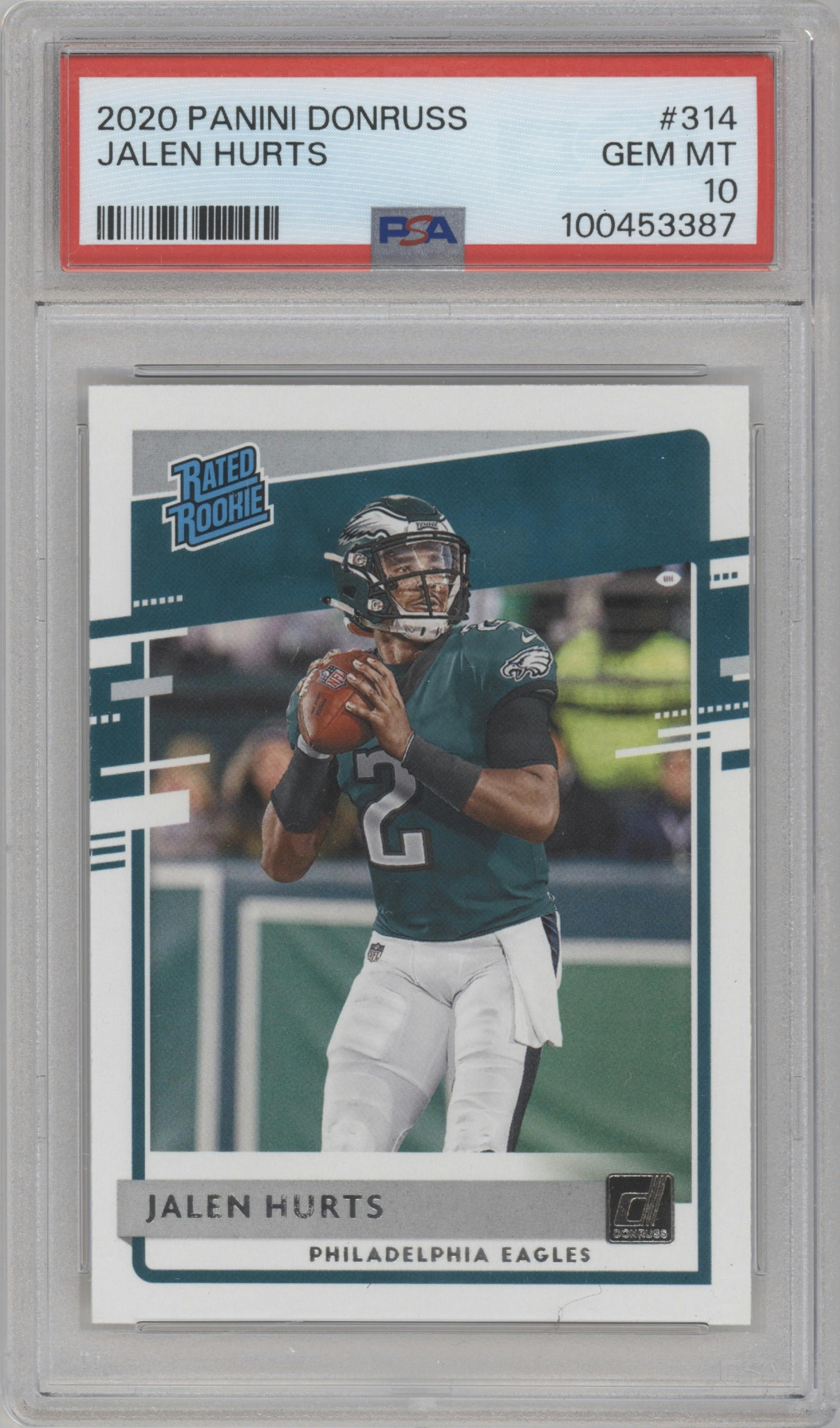 Jalen Hurts from the 2020 Panini Donruss set graded by PSA and given an overall grade of 10.