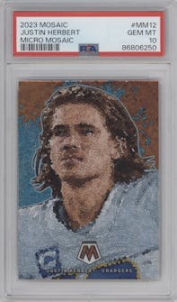 Justin Herbert from the 2023 Panini Mosaic set graded by PSA and given an overall grade of 10.