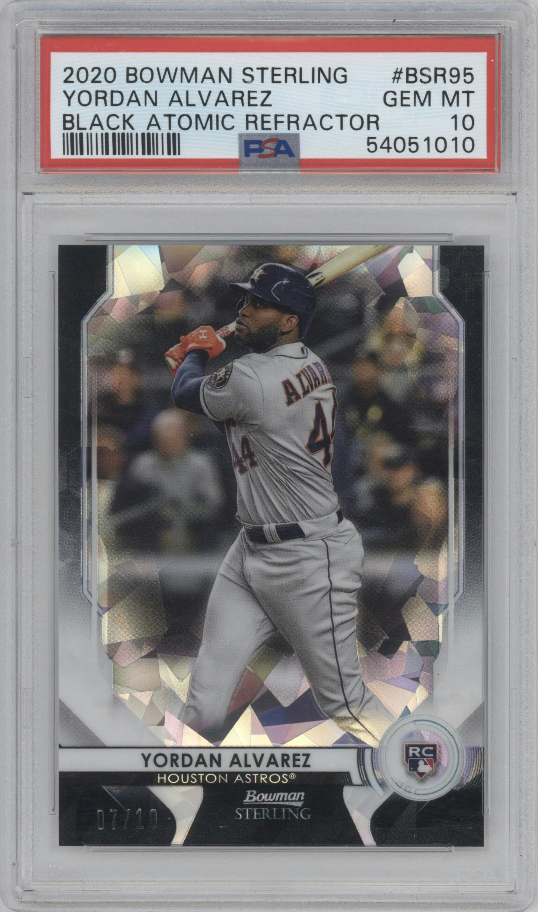 Yordan Alvarez from the 2020 Bowman Sterling set featuring a Black Atomic Refractor  parallel graded by PSA and given an overall grade of 10.