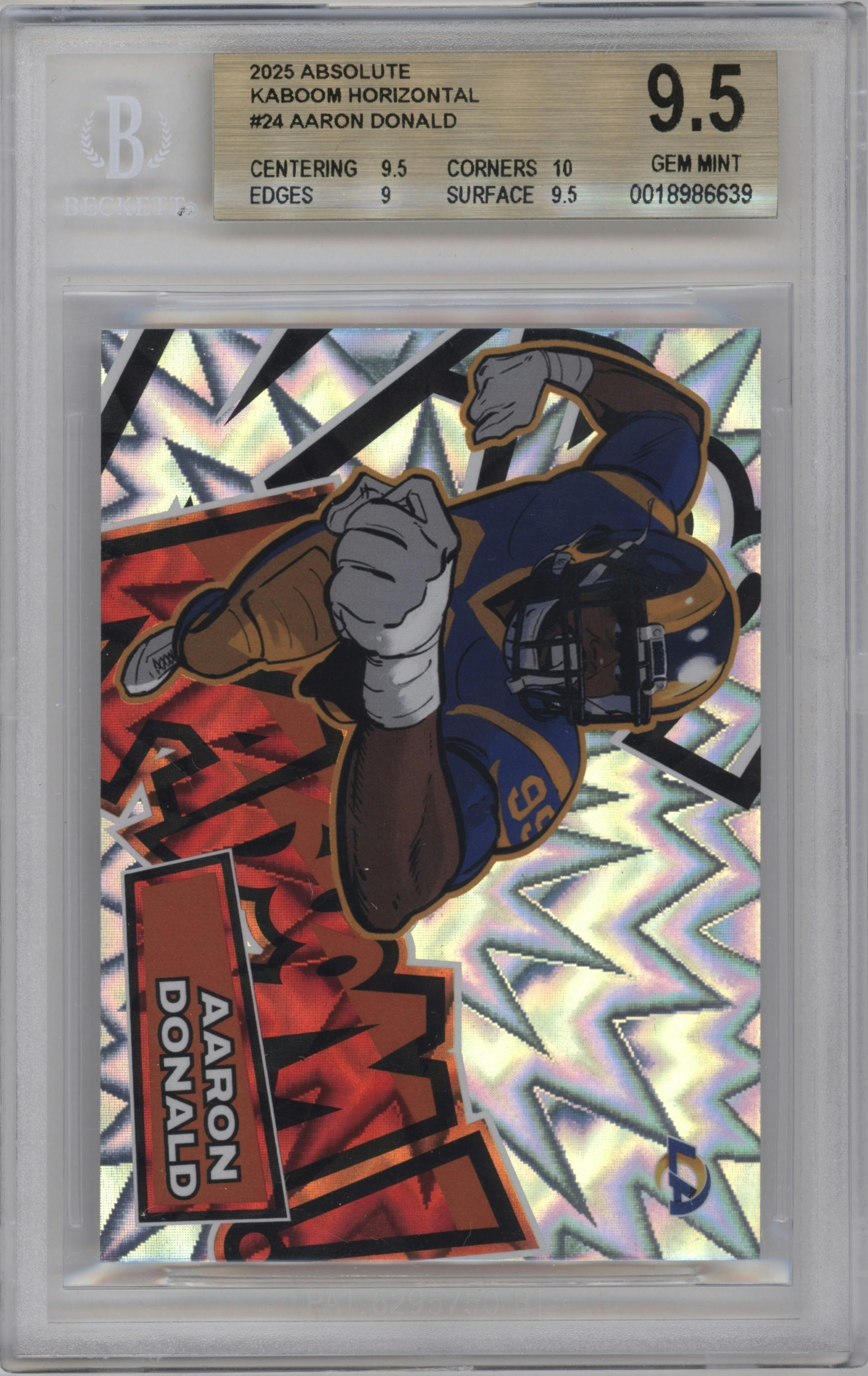 Aaron Donald from the 2025 Panini Absolute set graded by PSA and given an overall grade of 9.5.