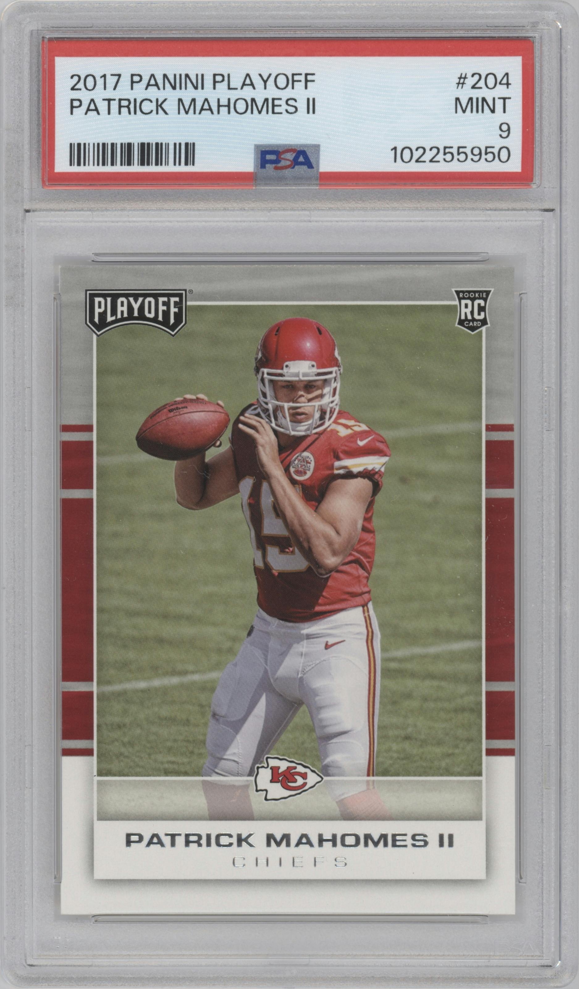 Patrick Mahomes II from the 2017 Panini Playoff set graded by PSA and given an overall grade of 9.