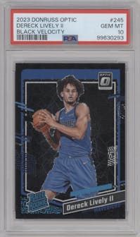 Dereck Lively II from the 2023-24 Donruss Optic set featuring a Black Velocity parallel graded by PSA and given an overall grade of 10.
