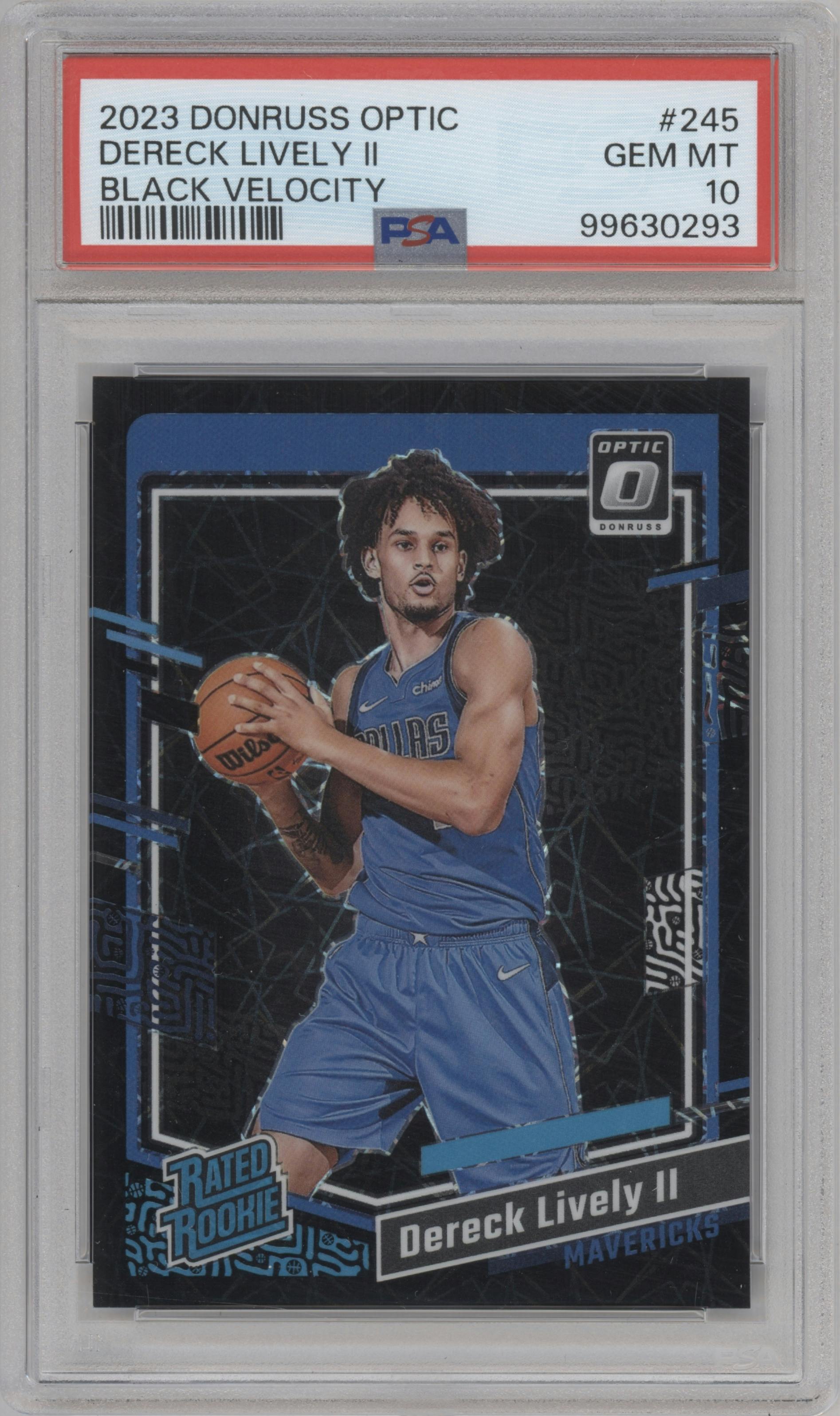 Dereck Lively II from the 2023-24 Donruss Optic set featuring a Black Velocity parallel graded by PSA and given an overall grade of 10.