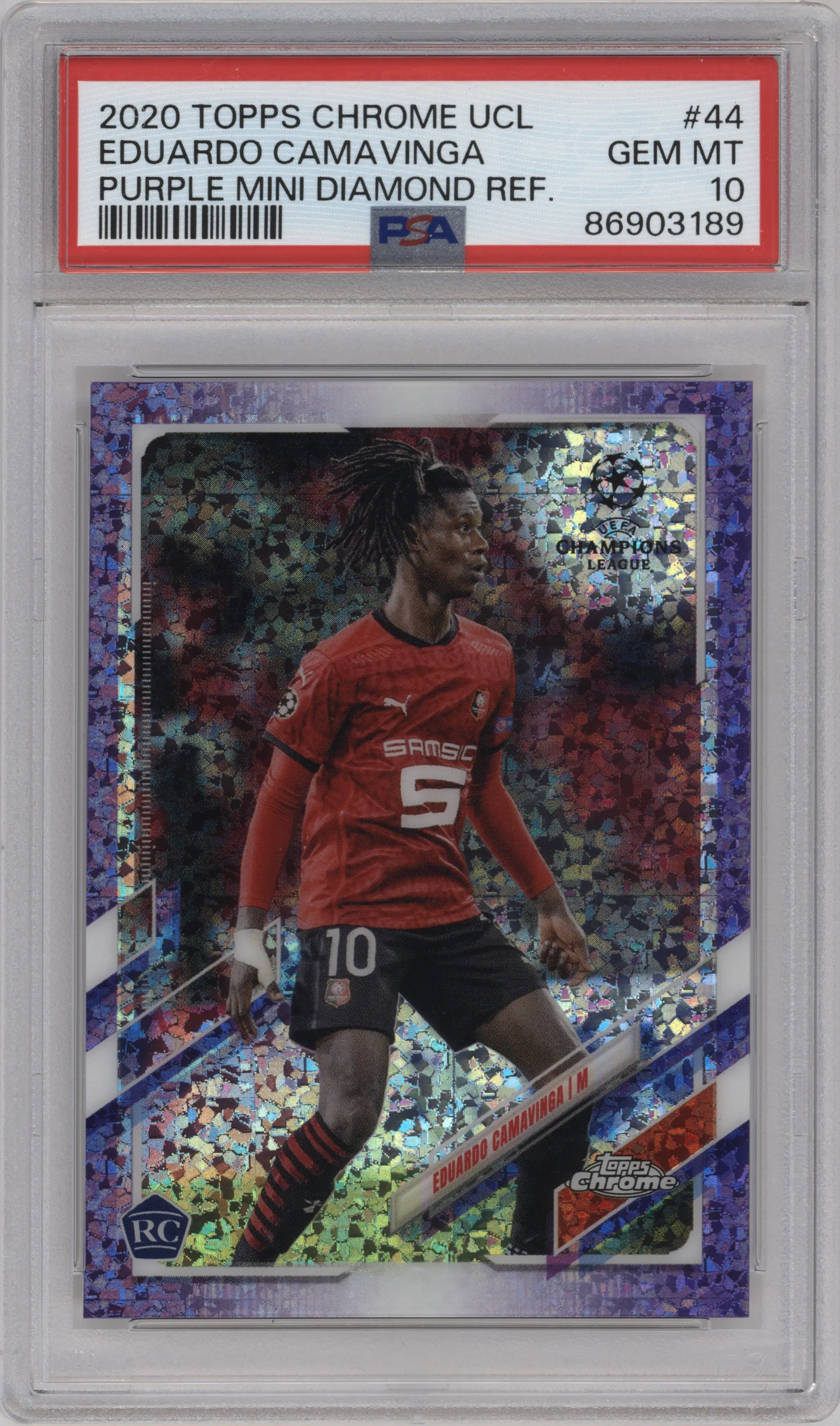 2020 Topps Chrome UEFA Champions League Eduardo Camavinga Purple Mini-Diamond Refractor PSA 10