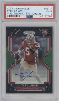 Trey Lance from the 2021 Panini Chronicles set featuring a Green parallel graded by PSA and given an overall grade of 9.