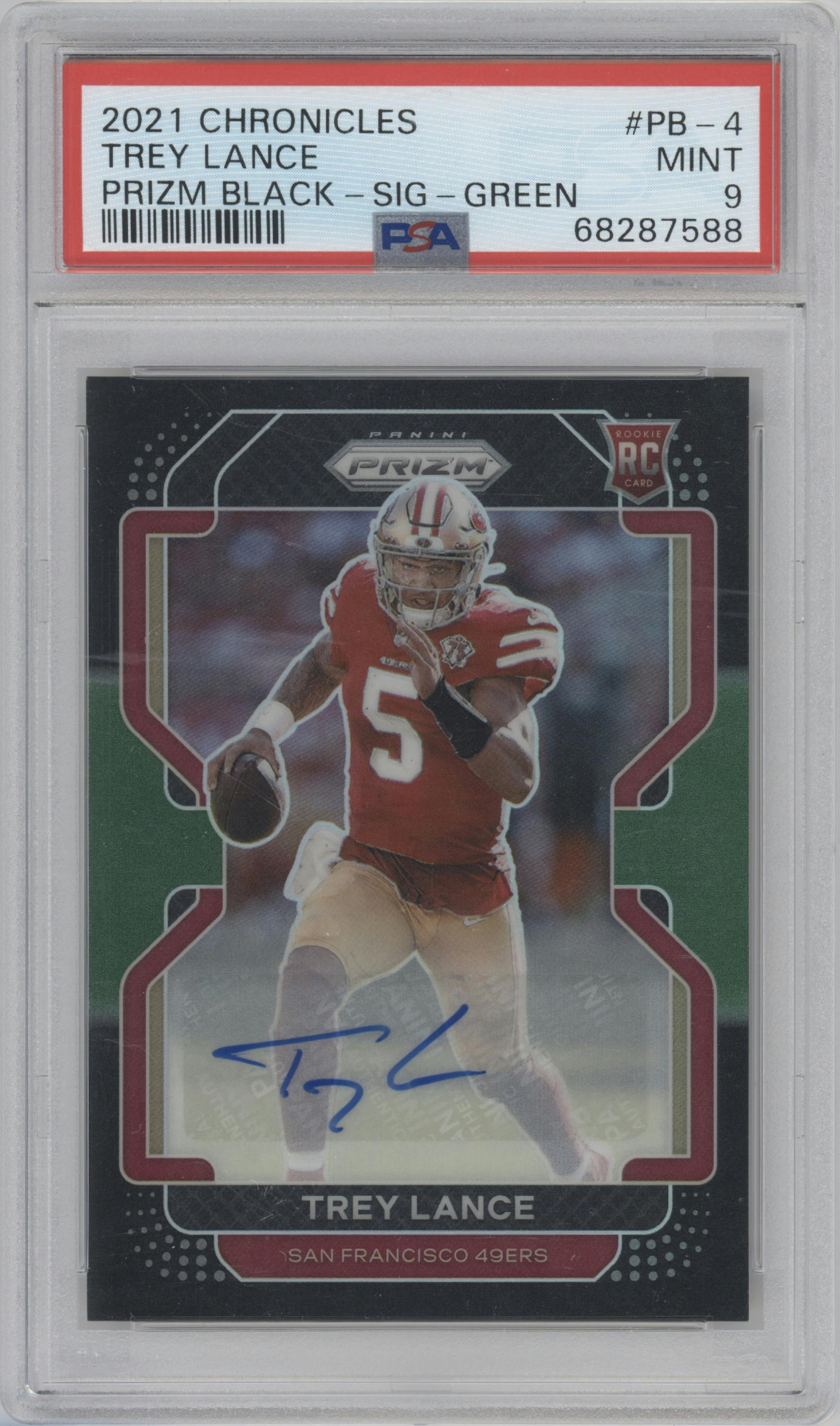 Trey Lance from the 2021 Panini Chronicles set featuring a Green parallel graded by PSA and given an overall grade of 9.