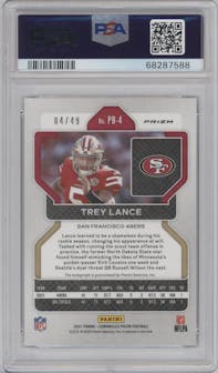 Trey Lance from the 2021 Panini Chronicles set featuring a Green parallel graded by PSA and given an overall grade of 9.
