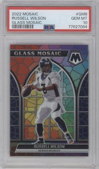 Russell Wilson from the 2022 Panini Mosaic set graded by PSA and given an overall grade of 10.
