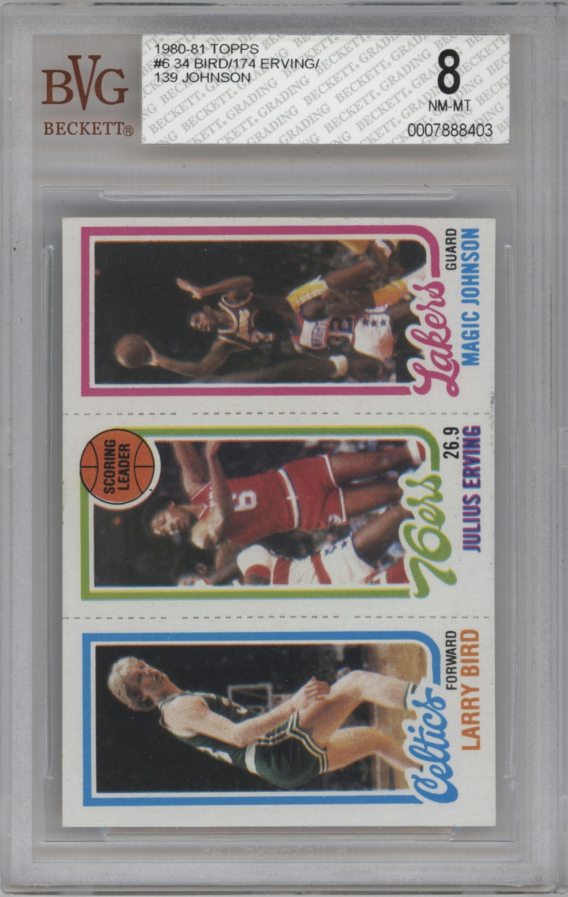 Larry Bird/Julius Erving/Magic Johnson from the 1980-81 Topps set graded by Beckett and given an overall grade of 8.