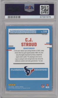 C.J. Stroud from the 2023 Panini Donruss set featuring a Pink parallel graded by PSA and given an overall grade of 10.