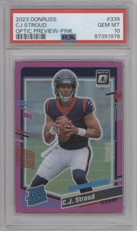 C.J. Stroud from the 2023 Panini Donruss set featuring a Pink parallel graded by PSA and given an overall grade of 10.