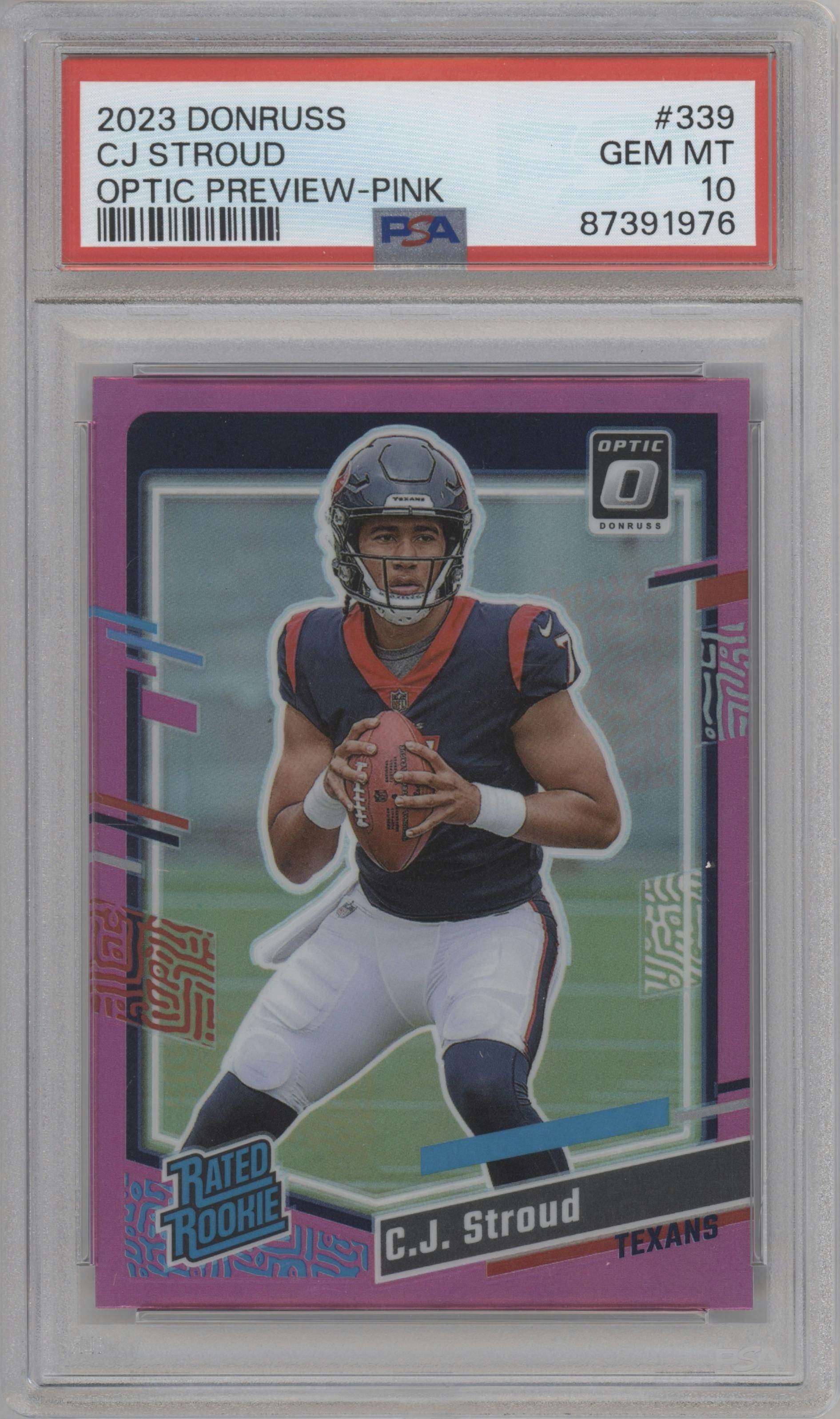 C.J. Stroud from the 2023 Panini Donruss set featuring a Pink parallel graded by PSA and given an overall grade of 10.