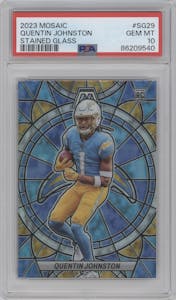 Quentin Johnston from the 2023 Panini Mosaic set graded by PSA and given an overall grade of 10.