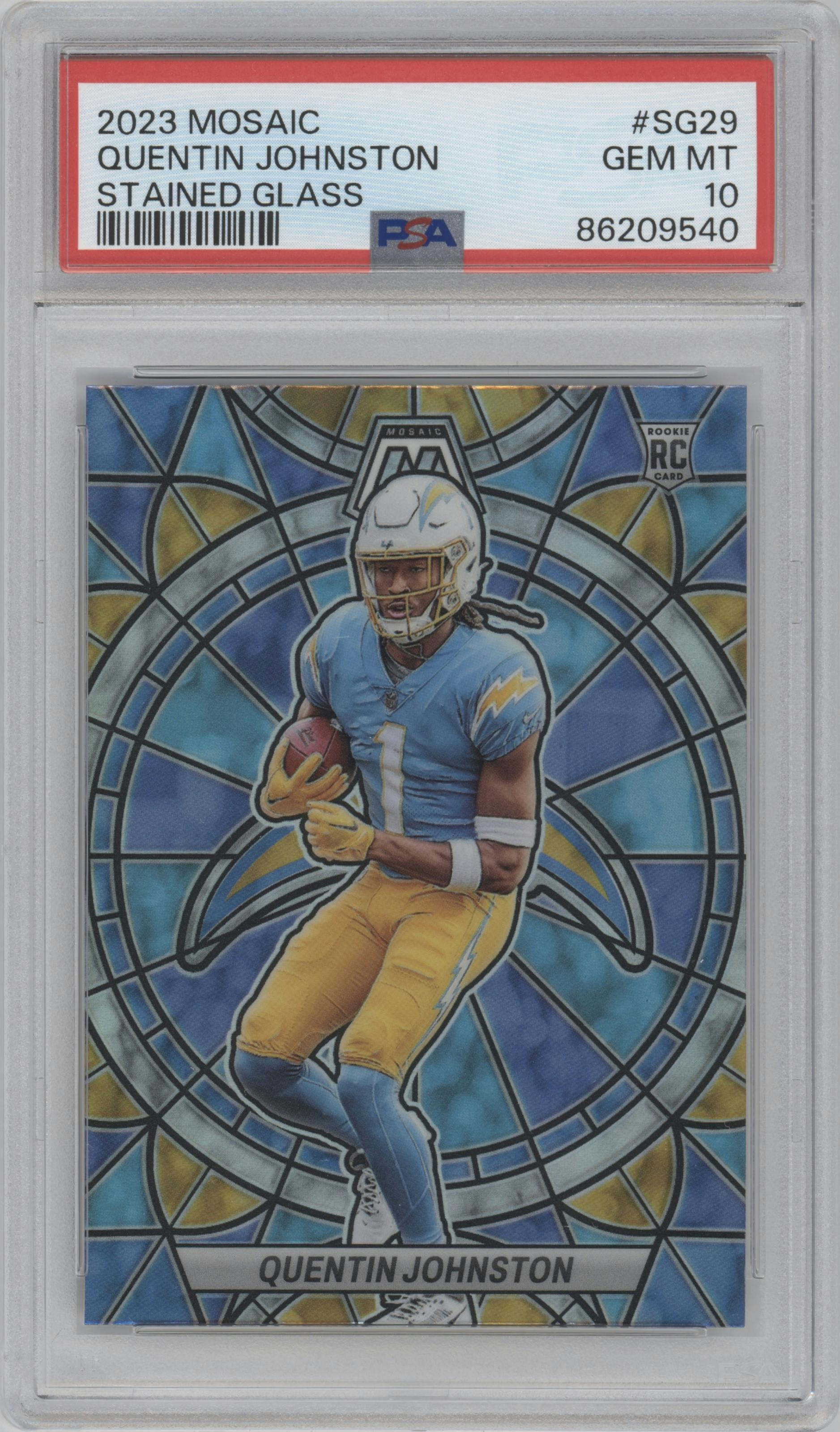 Quentin Johnston from the 2023 Panini Mosaic set graded by PSA and given an overall grade of 10.