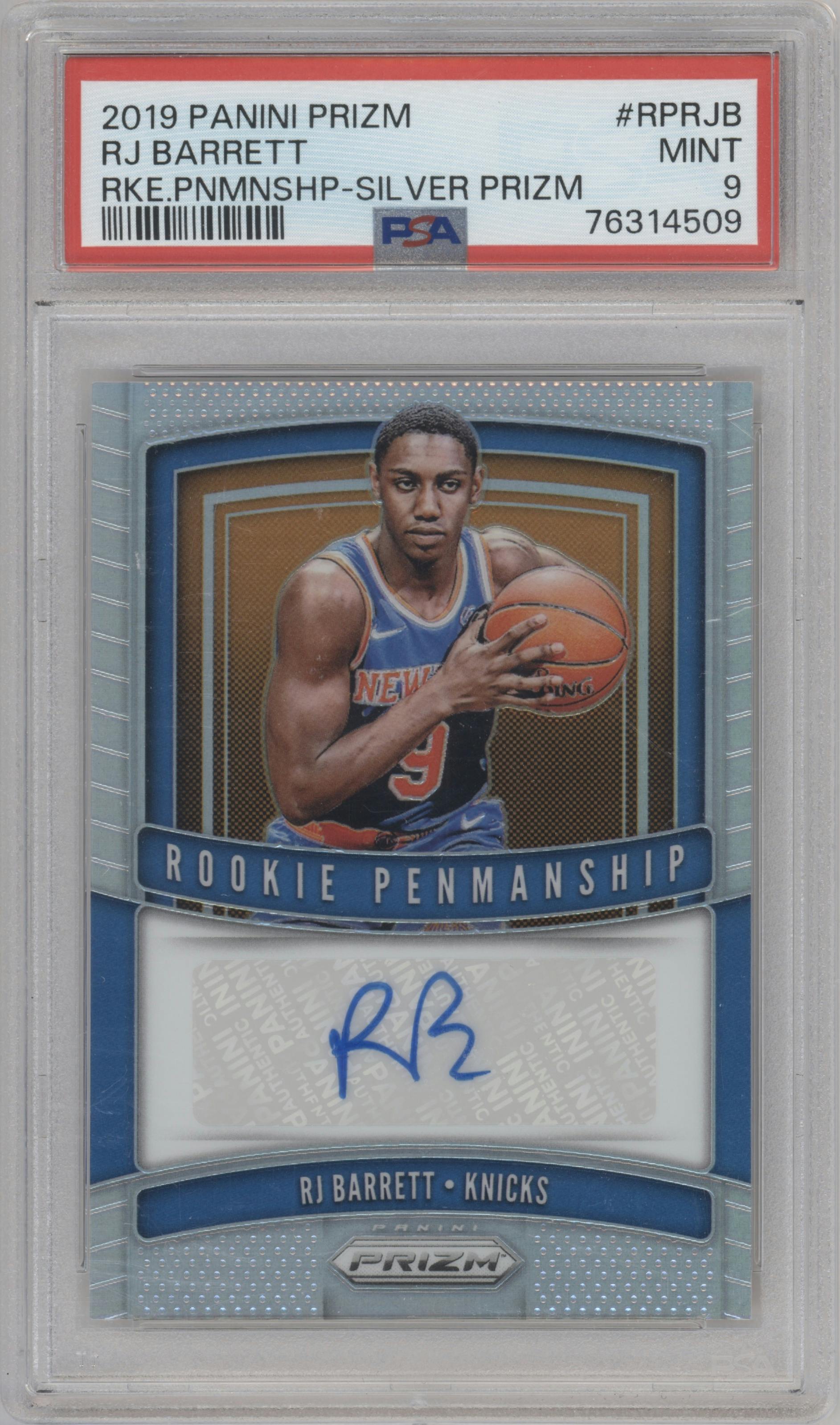 RJ Barrett from the 2019-20 Panini Prizm set featuring a Silver Prizm  parallel graded by PSA and given an overall grade of 9.