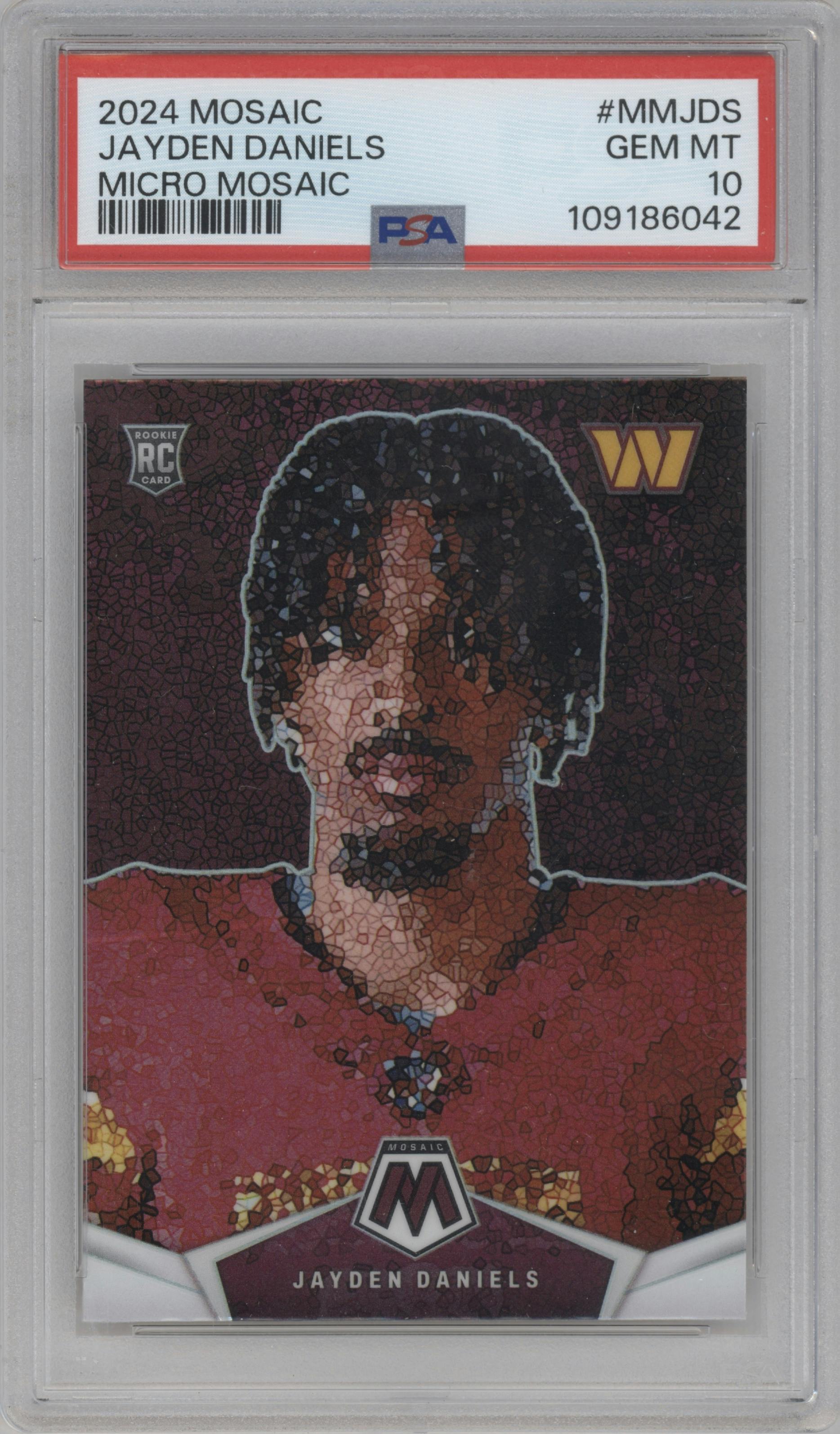 Jayden Daniels from the 2024 Panini Mosaic set graded by PSA and given an overall grade of 10.