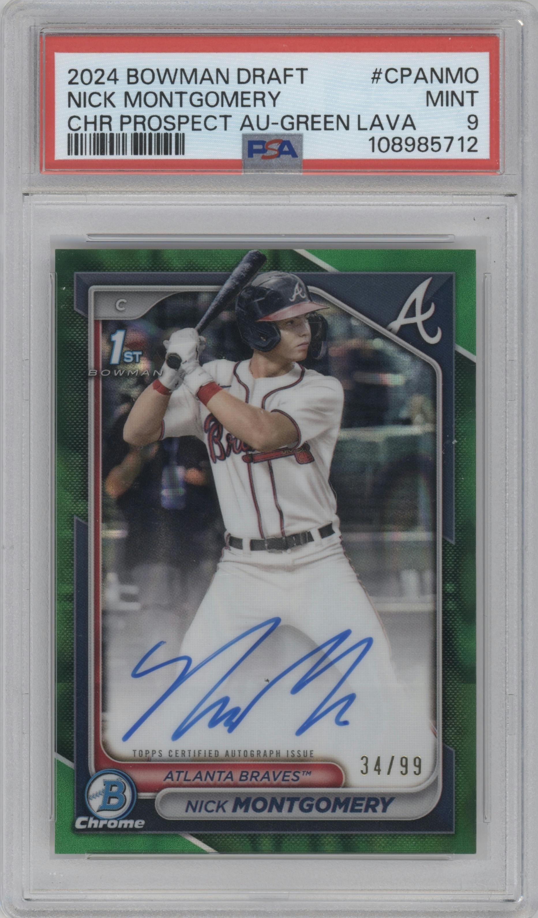 Nick Montgomery from the 2024 Bowman Draft set featuring a Green Lava Refractor parallel graded by PSA and given an overall grade of 9.