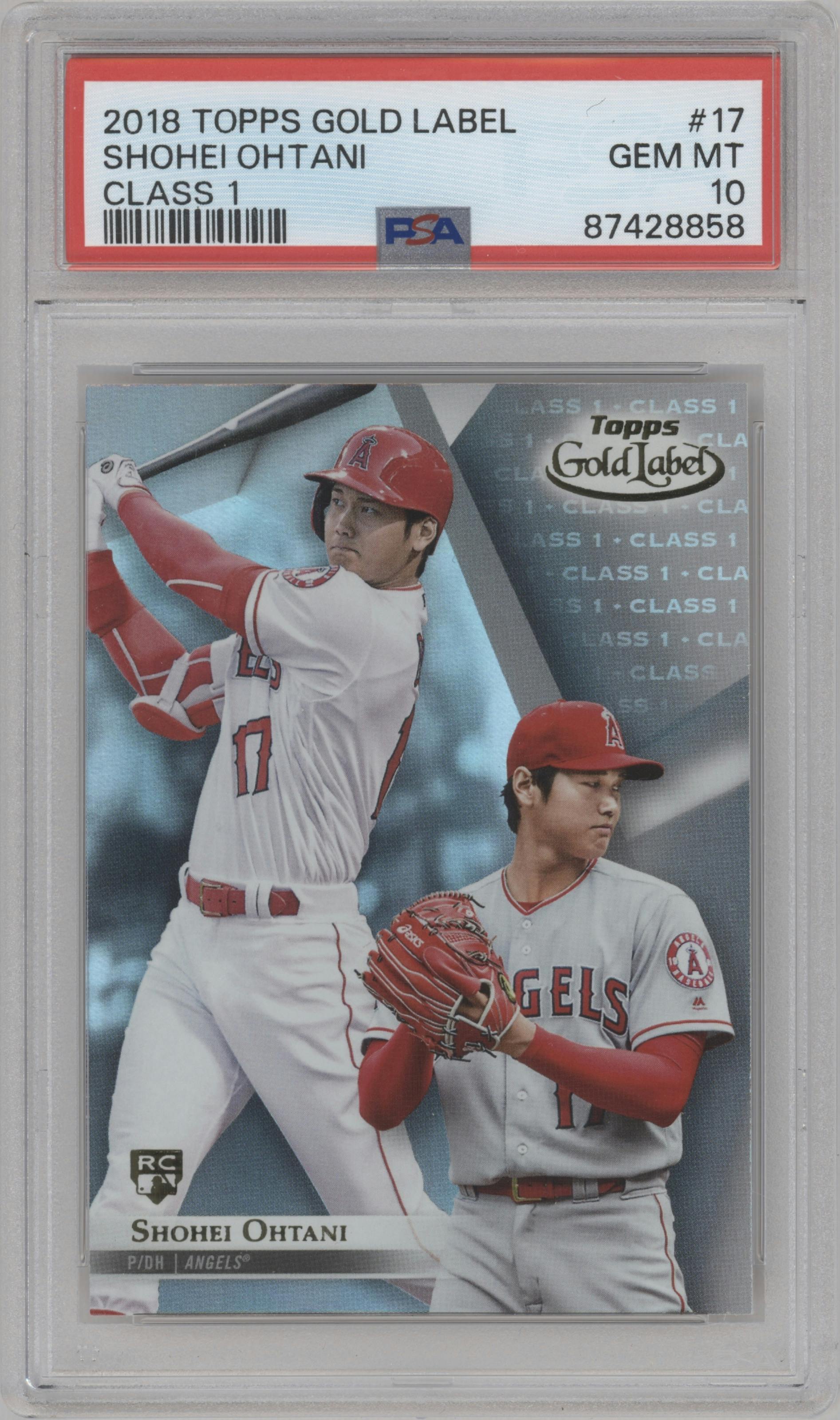Shohei Ohtani from the 2018 Topps Gold Label set graded by PSA and given an overall grade of 10.