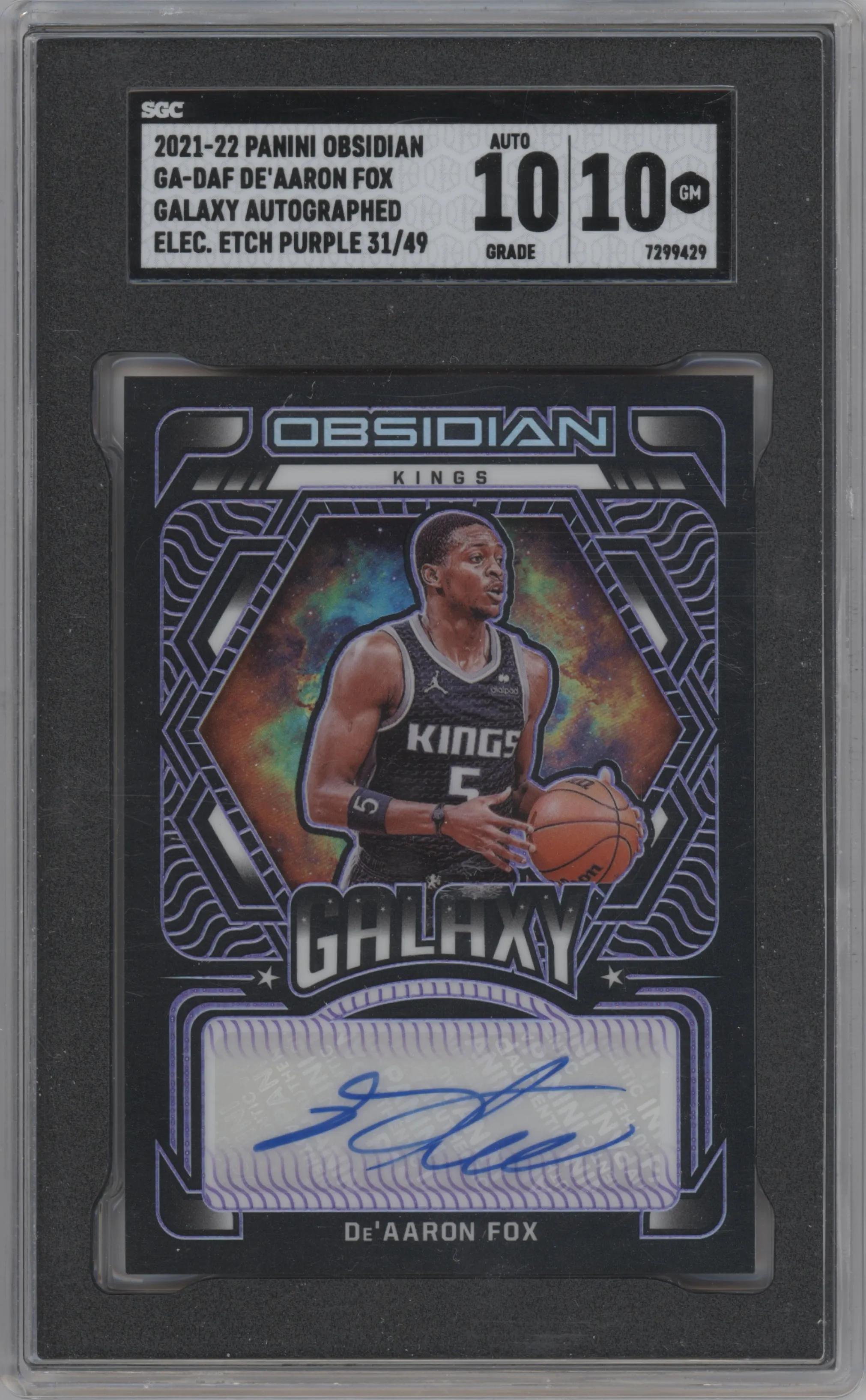 2021 Panini Obsidian Galaxy Auto De'Aaron Fox Electric Etch Purple #GA-DAF SGC 10